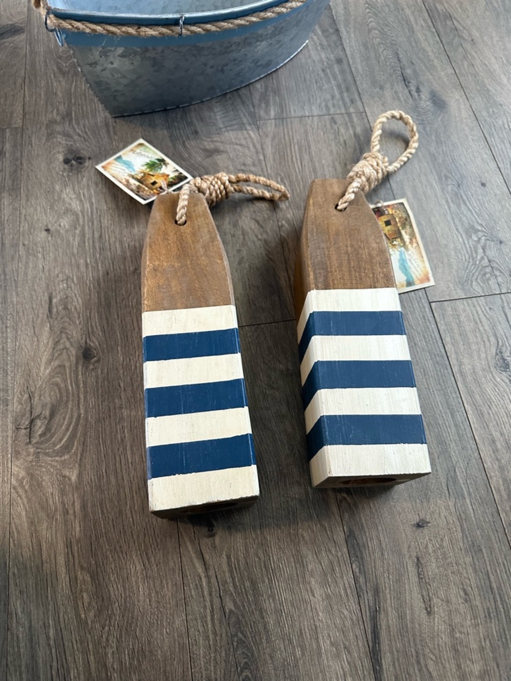 Nautical Wooden Oar Decor Pair - Blue & White Striped